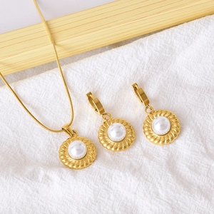Stainless Steel Necklace And Earrings With Artificial Pearl Green Gemstone Sun Medallion Vintage Gold For Women Fashion