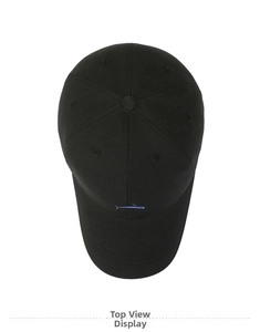 Top view of black cotton baseball cap showing classic crown structure and blue fish embroidery