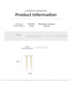 Detailed size measurement of 10cm gold plated bow tassel earrings with zircon stones
