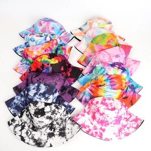 Variety pack of tie-dye bucket hats for sun protection in twelve colorful 3D print patterns