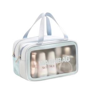 Waterproof blue dual-layer PVC travel toiletry bag with handle and transparent design