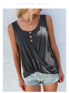 Close-up detail of dark gray sleeveless knit top with wood texture buttons and front knot hem