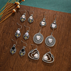 5-pair set of vintage bohemian alloy earrings with heart and turquoise gemstone drops