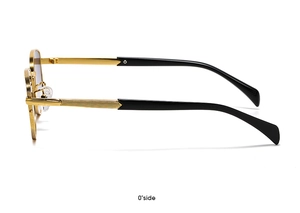 Side view of diamond-shaped metal sunglasses with gold frames and black temples