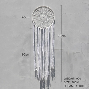 Detail view of a 90cm white dreamcatcher with intricate lace fringe and 26cm diameter hoop