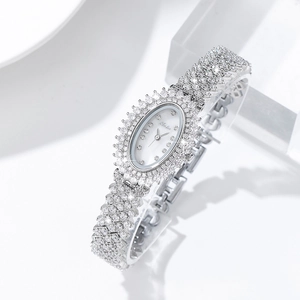 Elegant silver oval women's watch with shimmering crystals and mother-of-pearl dial