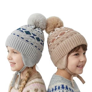 Kids Winter Knit Beanie Hat Fleece Lined Warm Earflap Cap With Faux Fur Pom Pom Jacquard Geometric Pattern For Boys Toddlers