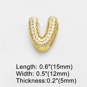 Macro view of gold letter U charm with clear pave cubic zirconia and size dimensions