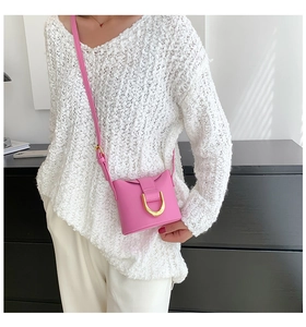 Close-up of pink mini crossbody bag featuring a striking gold D-shaped metal buckle