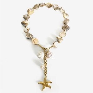 Titanium steel starfish pendant necklace with natural shells and ocean elements on white background