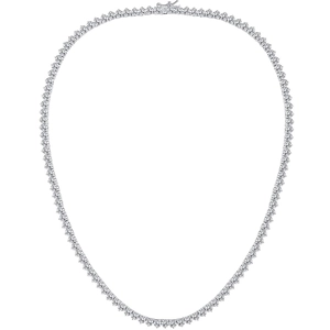 Classic silver tennis necklace with 3-prong set cubic zirconia stones on white background