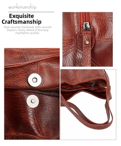 Detail view of reddish brown lychee texture leather handbag with metal magnetic closure