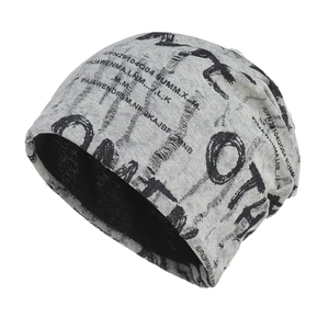 Unisex street style grey knitted beanie with black letter print and warm double-layer structure