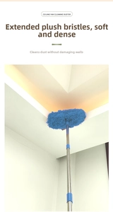 Detail of blue microfiber ceiling fan duster with telescopic pole cleaning high corners
