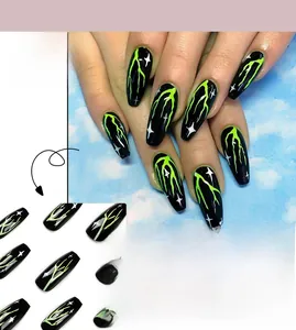 Detail of coffin-shaped press-on nails with neon green lightning on black base