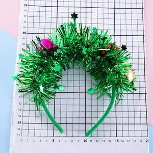 Christmas tinsel headband with colorful glitter balls and stars on festive green frame