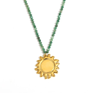 18K gold plated stainless steel necklace with green natural stones and sun pendant