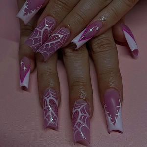 Pink And White Press On Nails Long Ballerina Shape Spider Web Heart Pattern Star Glitter Halloween Gothic Style Fake Nails