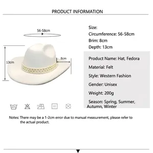 White wool fedora hat with pearl band, sizing chart and product specifications layout