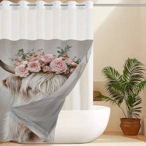 Detail of waterproof waffle fabric shower curtain featuring an artistic highland cow print