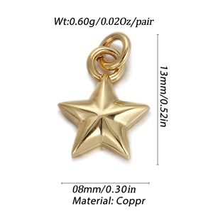 Macro view of gold copper star charm showing 13mm height and 0.60g weight details