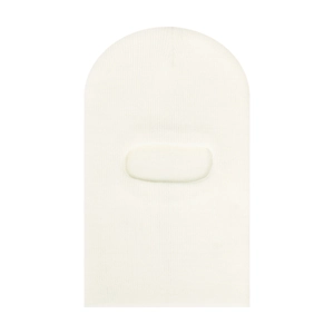 Close-up of white ribbed knit balaclava for children showing soft texture and single-hole design