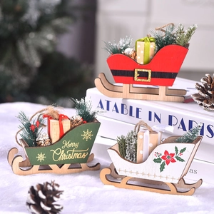 Christmas Sleigh Hanging Ornament Wooden Miniature With Pine Cone Berries And Gift Box Festive Tree Decoration