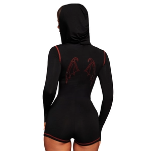 Damen Body mit Kapuze in Schwarz mit roten Glitzerflügeln und kontrastierenden roten Nähten