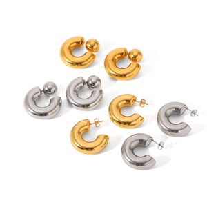 Polished gold and silver stainless steel C-shaped chunky earrings set on white background
