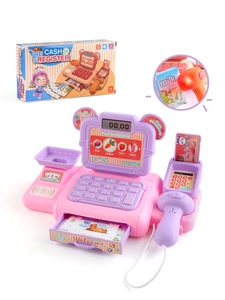 Detailed view of pink toy cash register with scanner and play money for kids