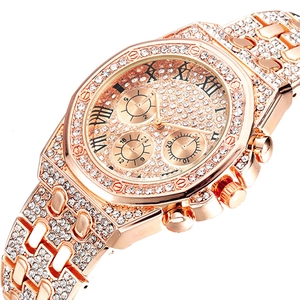 Luxurious rose gold hip hop watch with full diamond setting and Roman numeral dial