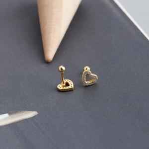 S925 sterling silver gold plated heart stud earrings with sparkling cubic zirconia stones