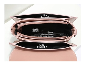 Interior view of the pink crossbody bag showing multi-pocket compartments and zipper pocket