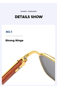 Detail of strong metal hinge on square sunglasses with wood grain temples and rhinestones