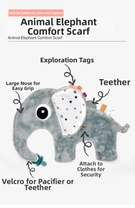 Detailed view of elephant baby comforter with sensory tags, teether and velcro strap