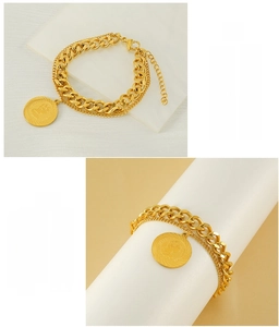 Detailed macro view of double-layer stainless steel bracelet with golden coin pendant