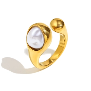 18K gold plated stainless steel open ring featuring a unique baroque faux pearl accent