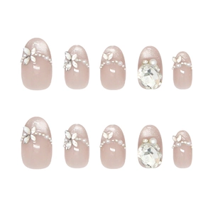 Pink cat eye press-on nails set with 3D pearls and floral crystal rhinestones