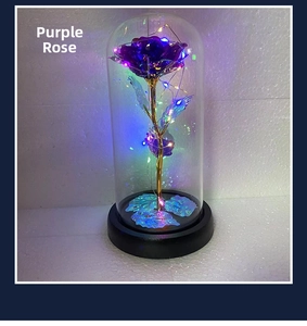 Close-up of purple gold foil rose in glass dome with warm LED fairy lights on black base