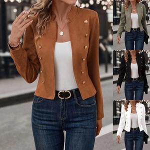 Dames Slim Fit Faux Suède Blazer Jas Opstaande Kraag Double Breasted Gouden Knopen Lange Mouwen Korte Jas