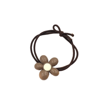 Elegant Korean style coffee brown scrunchie with floral resin charm for women ponytail