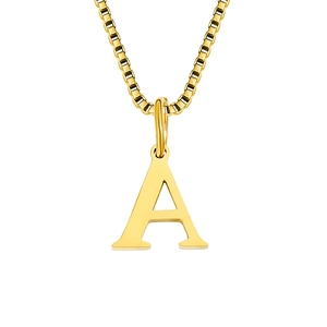 Polished 18K gold plated stainless steel necklace with letter A pendant on a box chain