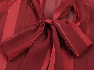 Detailed macro view of the red striped fabric and large bow tie neckline on the shirt