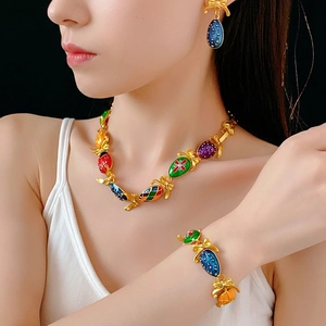 Vintage Fabergé style colorful enamel flower necklace and jewelry set with golden bows
