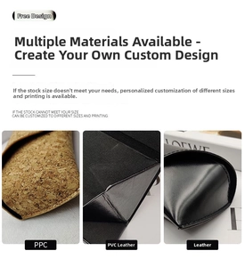 Detail view of portable sunglass case materials including PPC, PVC, and premium leather textures