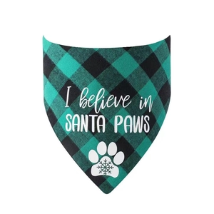 Detail of green and black plaid pet bandana with white I believe in SANTA PAWS print
