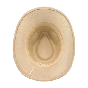 Détail de l'intérieur d'un chapeau en feutre avec bandeau de réglage et cordon