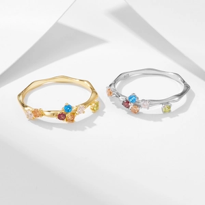 S925 sterling silver rainbow zircon wave ring with colorful gemstones in gold and silver