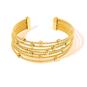 Multi Layer Cuff Bracelet Titanium Steel Gold Plated Twisted Rope Geometric Round Bead Open Adjustable Elegant Jewelry For Women