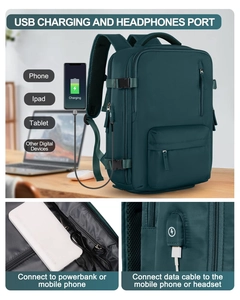 Detalle de mochila de viaje verde azulado con puertos USB y de auriculares externos.